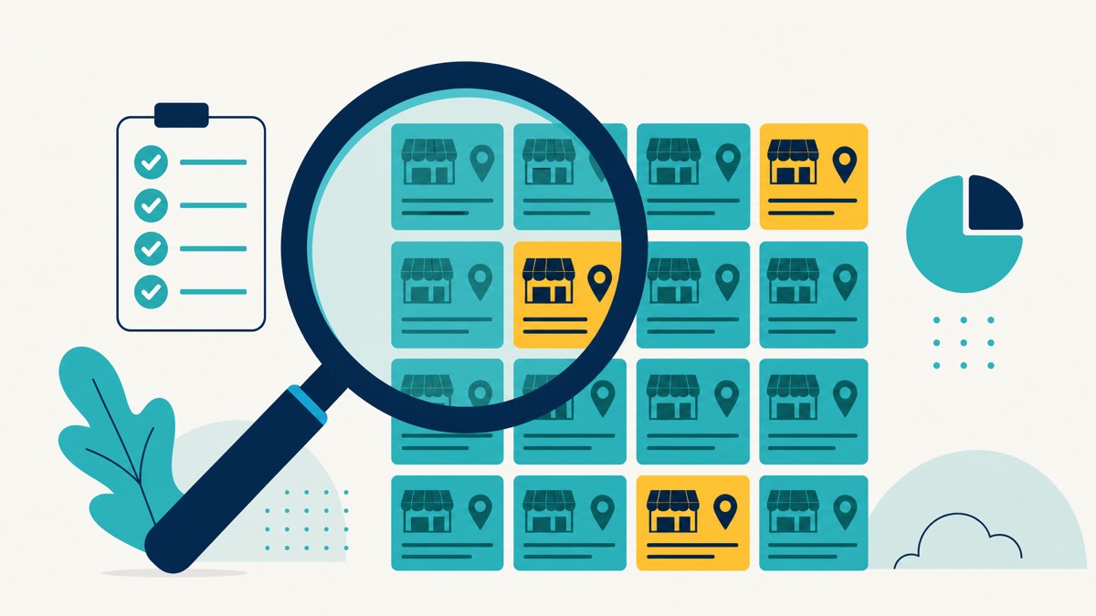 Auditing business listings with a magnifying glass, with mismatched entries highlighted