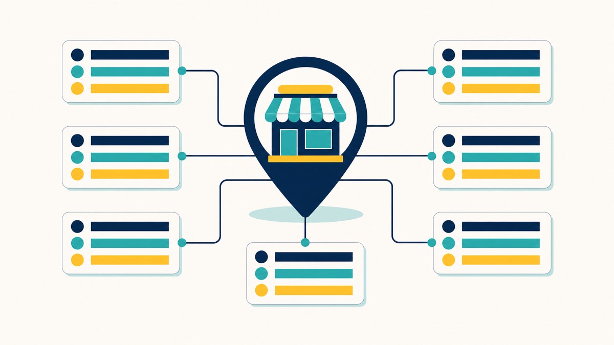Editorial illustration of NAP consistency, a central storefront map pin connected to multiple directory listing cards with synchronised business information