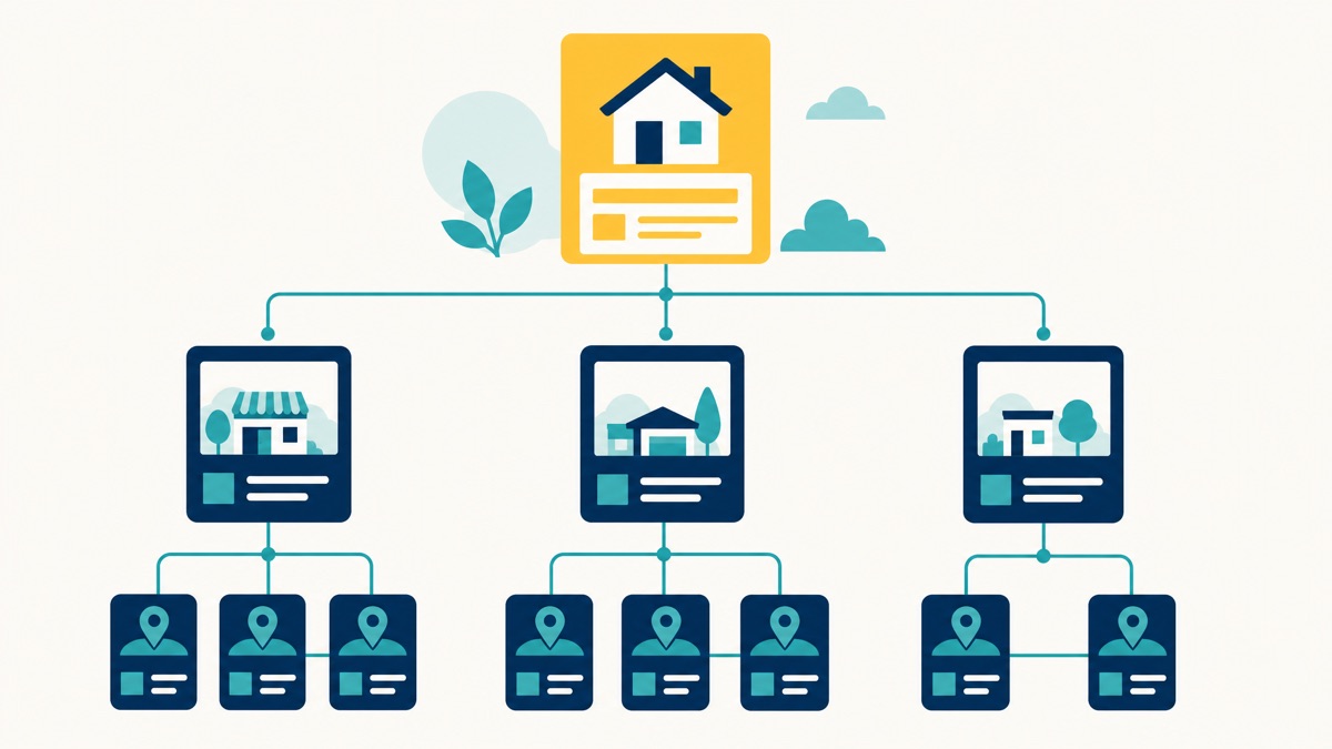 Hub-and-spoke internal linking structure: a home page linking down to service pages and then to location pages