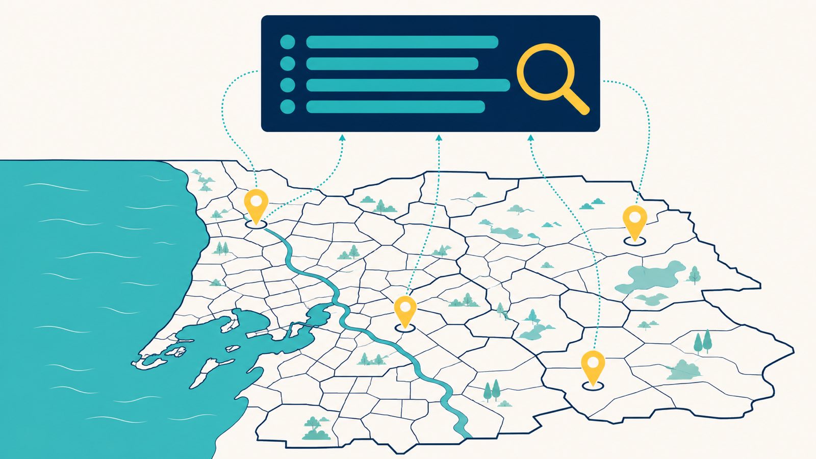 Editorial illustration of an Australian metropolitan map with suburb boundaries, yellow map pins on different suburbs, and a keyword research interface panel overhead with teal search-term bars and a yellow magnifying glass