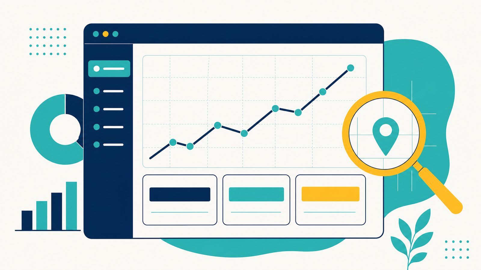 Editorial illustration of an SEO performance dashboard with a rising navy line chart on teal grid, three metric tiles in navy, teal and yellow, and a yellow magnifying glass hovering over a teal map pin for local search tracking