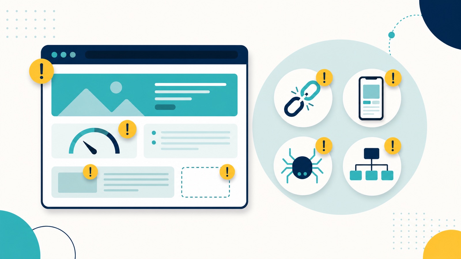 Common SEO problems across a website: speed, links, mobile, crawl