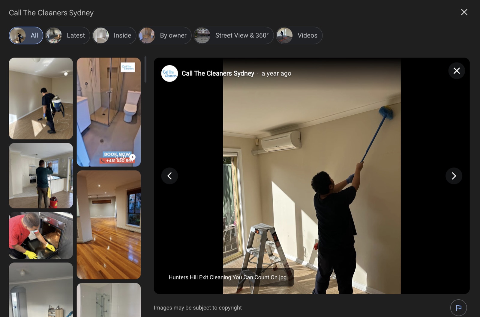 Call The Cleaners Sydney's Google Business Profile photo gallery showing real staff doing end-of-lease cleaning work