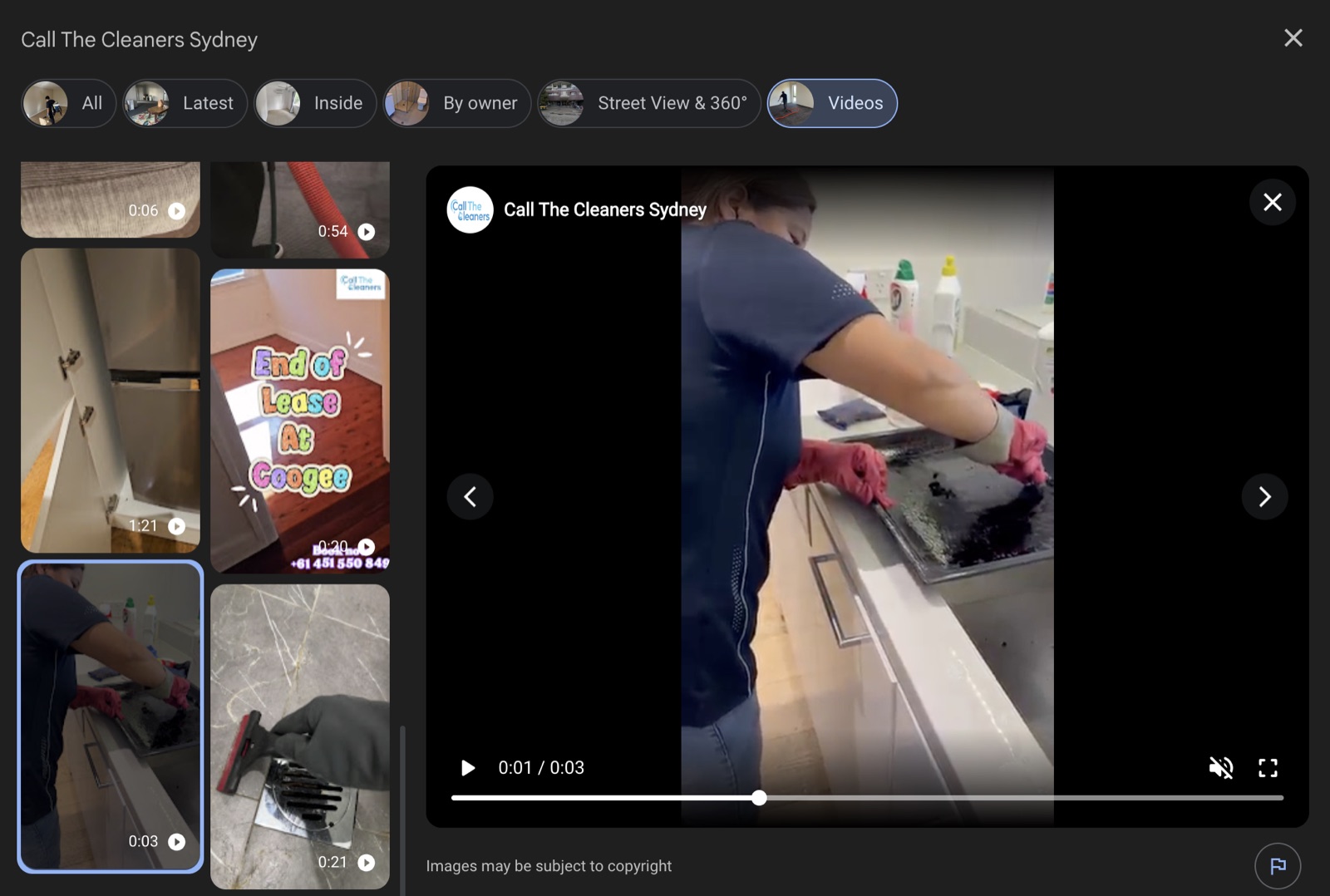 The Videos tab on Call The Cleaners Sydney's Google Business Profile, short phone-shot clips of real cleaning jobs