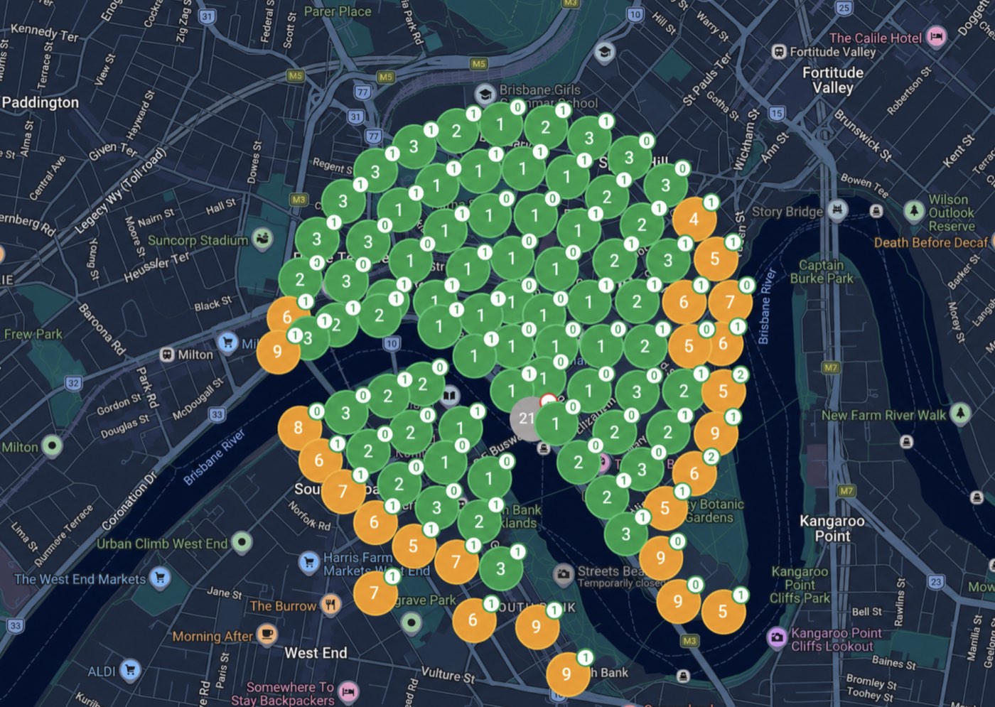Real geo-grid scan from a Search Scope client campaign showing Map Pack rankings across the service area