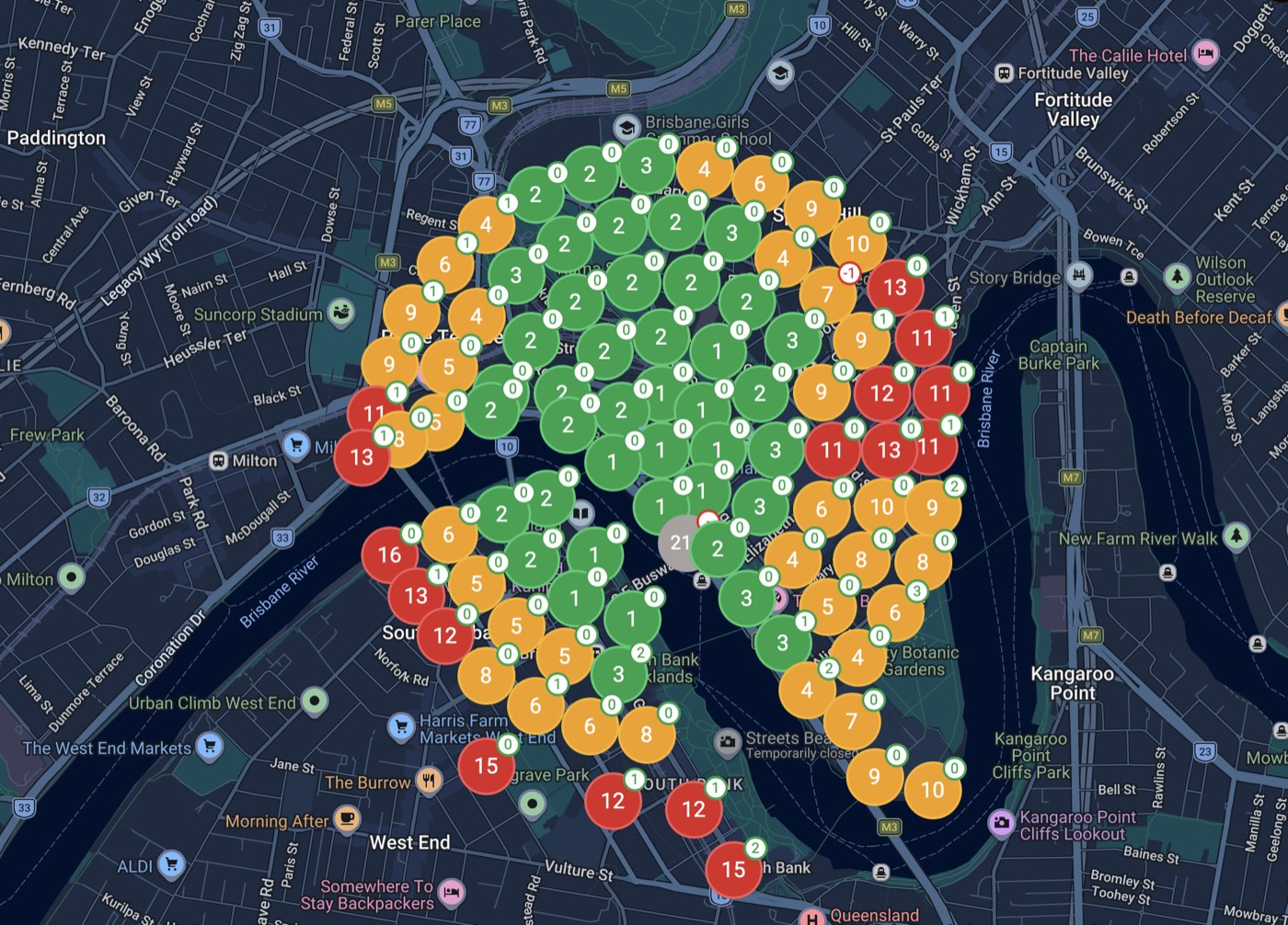 Real geo-grid scan of a Search Scope Brisbane childcare client at the start of their campaign, green core with orange and red edges