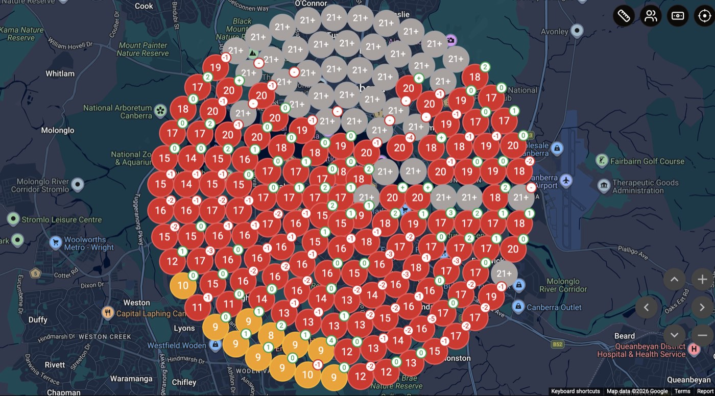 Earlier geo-grid scan of the same Canberra handyman service area business, with no top-three rankings anywhere on the grid