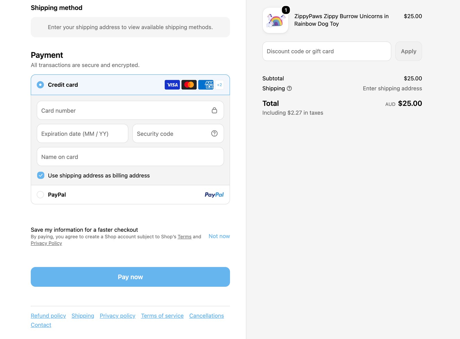 A Shopify checkout footer linking the refund policy, shipping, privacy policy, terms of service, cancellations and contact pages, with accepted payment methods shown above the pay button