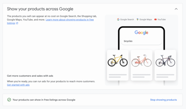 Google Merchant Center free listings panel showing products across Google Search, Shopping and Maps