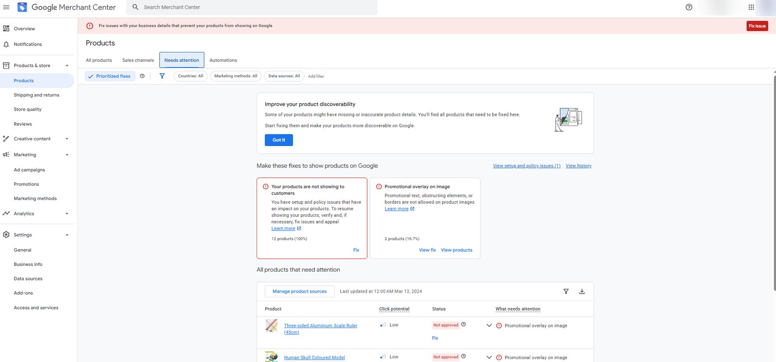 The Merchant Center Needs attention tab with the prioritised fixes filter switched on, showing two account issues and a list of not-approved products