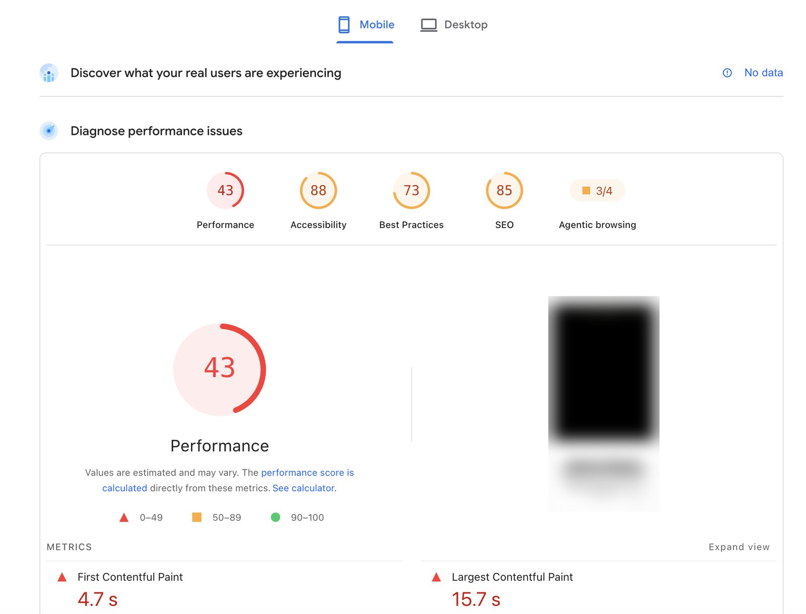 A PageSpeed Insights mobile report scoring 43 for performance, with first contentful paint at 4.7 seconds and largest contentful paint at 15.7 seconds