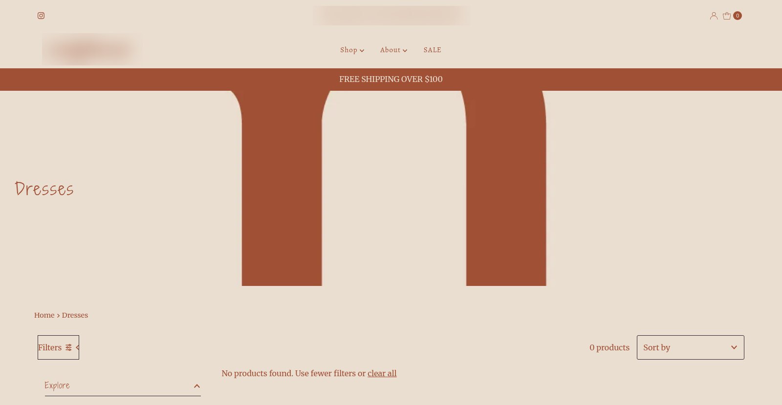 An online clothing store's Dresses category page showing zero products and a no products found message