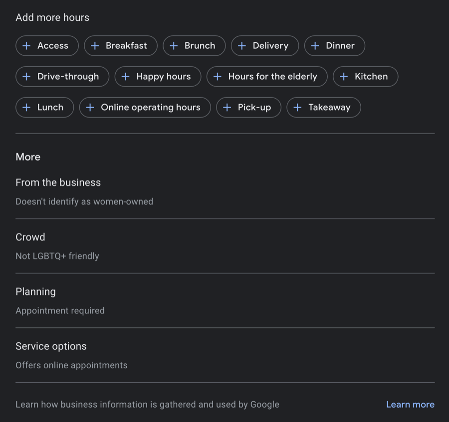 What Google Business Profile attributes look like in the dashboard