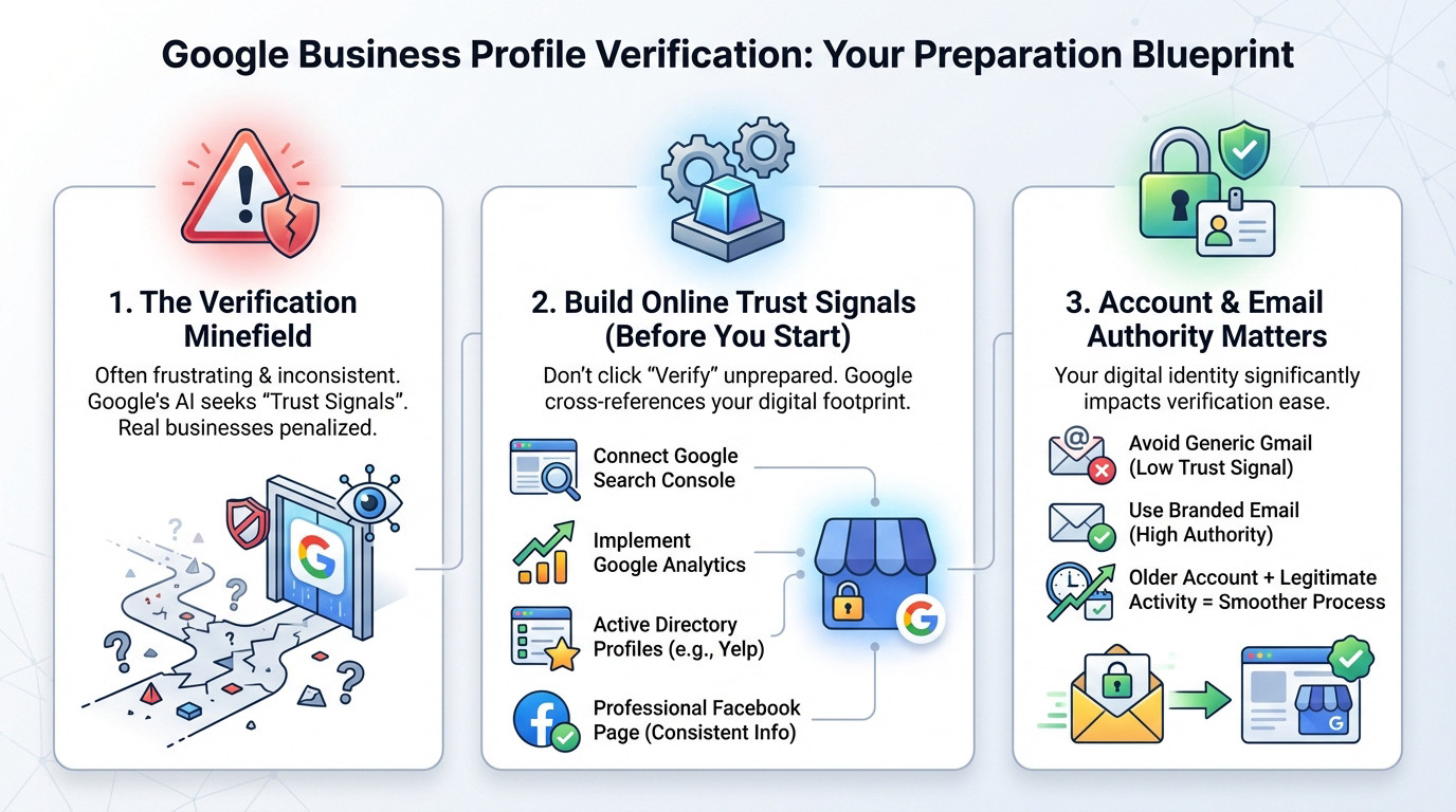 Preparing a Google Business Profile for verification by setting up trust signals first