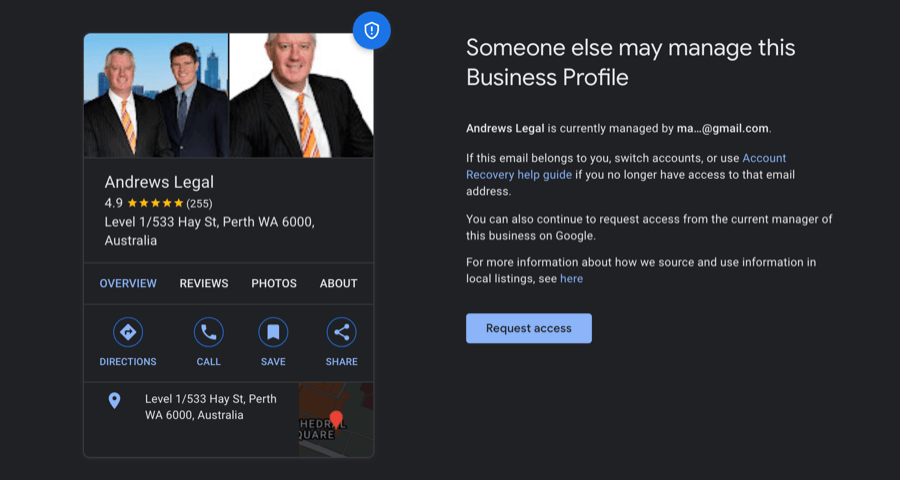 Google showing that another account already manages this Business Profile