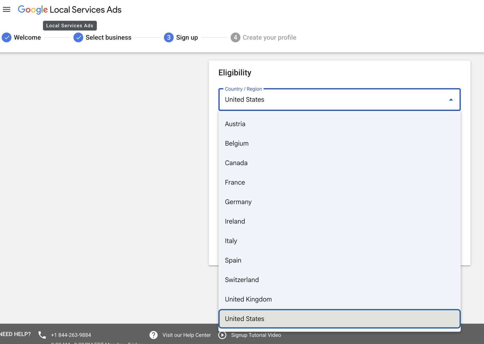 Google Local Services Ads sign-up Eligibility step. The Country/Region dropdown lists Austria, Belgium, Canada, France, Germany, Ireland, Italy, Spain, Switzerland, United Kingdom and United States. Australia is not listed.
