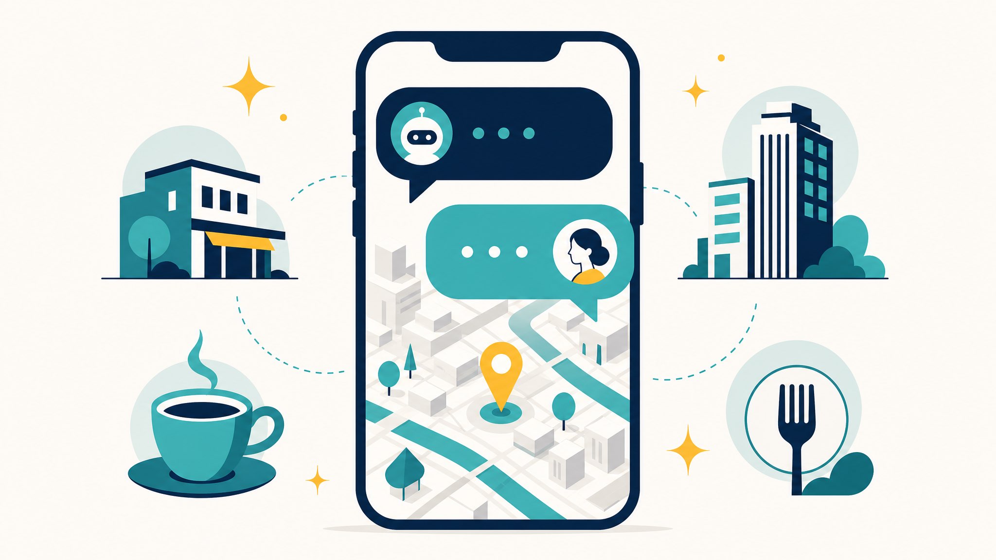 Conceptual illustration of conversational AI-powered Google Maps search with chat bubbles emerging from a smartphone showing a 3D city map, surrounded by flat-vector business icons