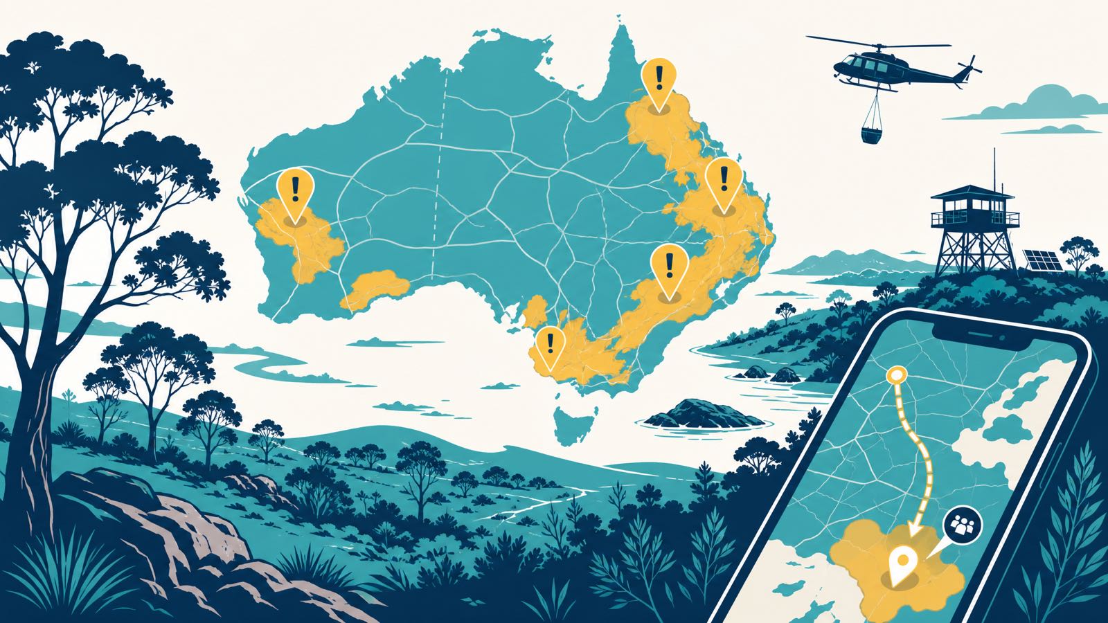 Editorial illustration of an Australian landscape with a stylised map overlay showing bushfire alert zones in yellow and a smartphone displaying an evacuation route