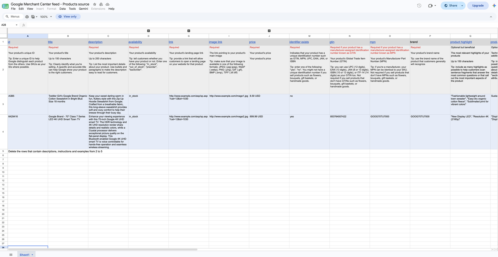Google's product data feed template spreadsheet, listing required attributes such as id, title, description, availability, price, GTIN and brand
