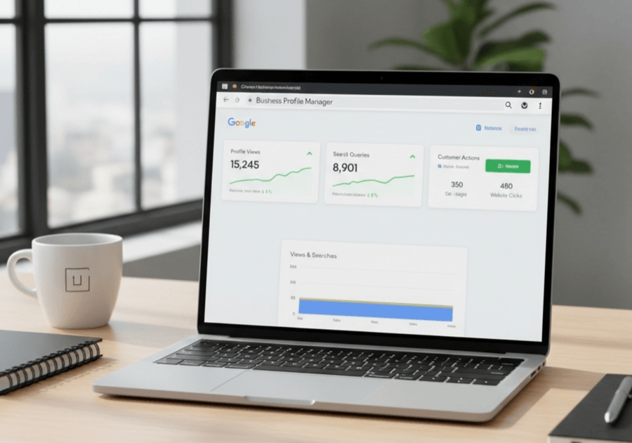A laptop showing Google Business Profile performance data