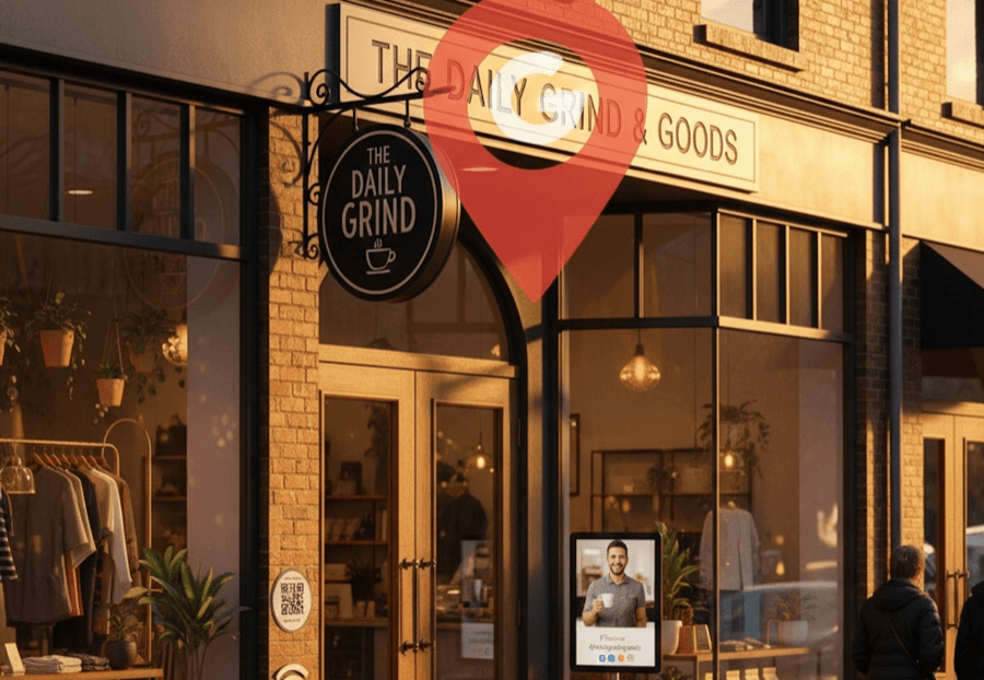 A local business storefront on a busy street