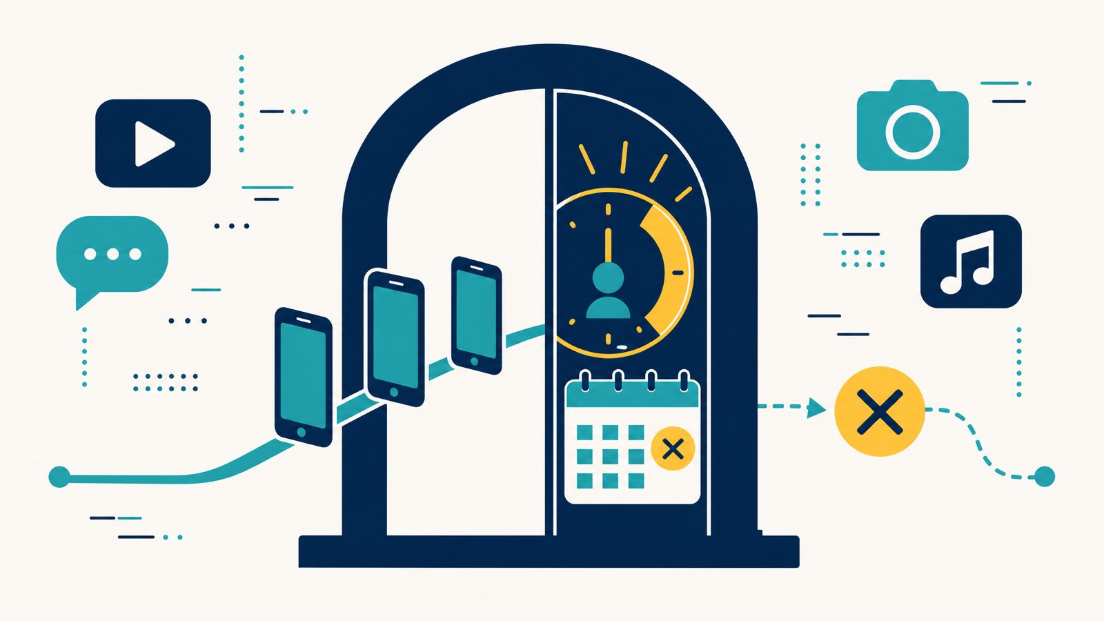 Editorial illustration of a digital age-verification gateway with smartphones being filtered through, a calendar and dial element blocking entry, and stylised social platform icons around it
