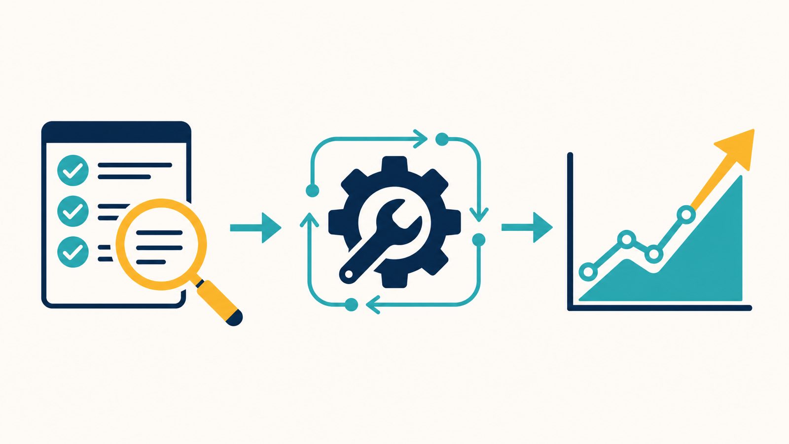 Editorial illustration of a three-step penalty recovery framework: audit phase with a yellow magnifying glass over a navy checklist, fix-issues phase with a navy gear icon and teal flow lines, and recovery phase with an upward-trending teal line chart and yellow arrow