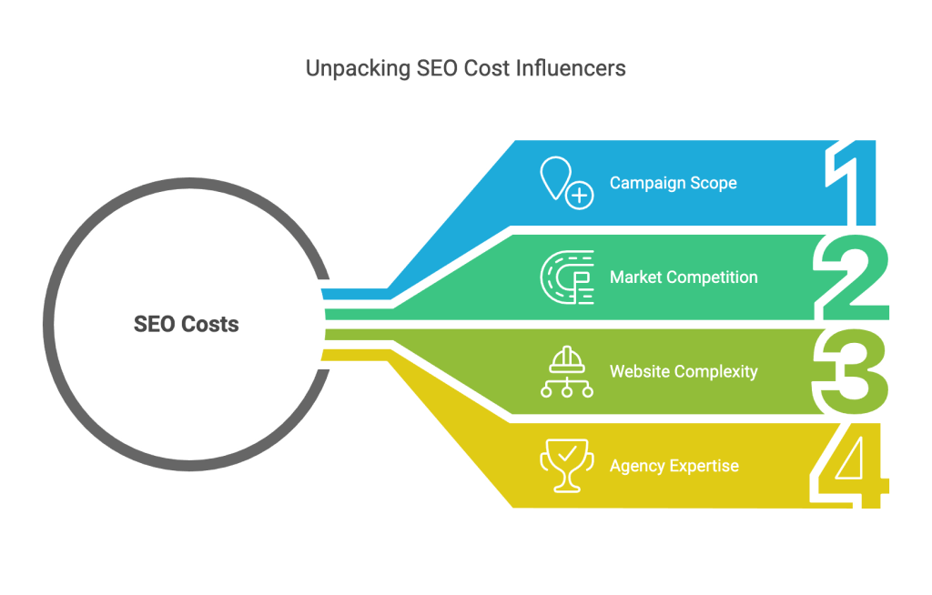 Infographic detailing SEO costs and influencing factors
