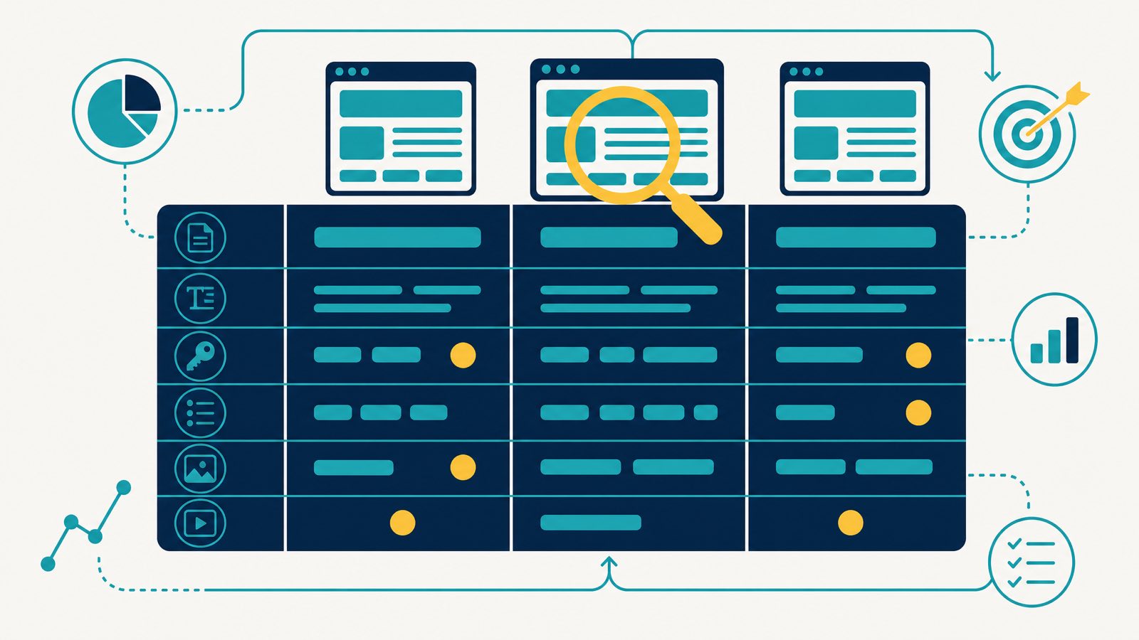 Editorial illustration of a competitor content comparison matrix with three navy column panels representing competitor sites, teal content bars showing pages and headings, and yellow accent dots highlighting gaps and opportunities