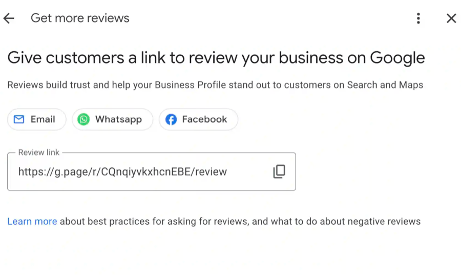 The "Get more reviews" panel inside Google Business Profile, where you copy the direct review link to share with customers