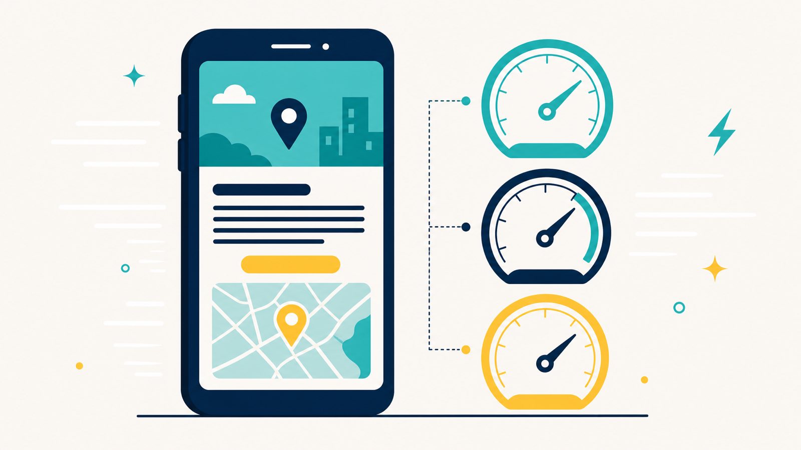 Editorial illustration of a mobile-first Core Web Vitals dashboard: a navy smartphone on the left displaying a location page mockup with teal hero, embedded map and yellow CTA, alongside three round gauge meters on the right (teal LCP, navy INP, yellow CLS) with subtle speed-line accents