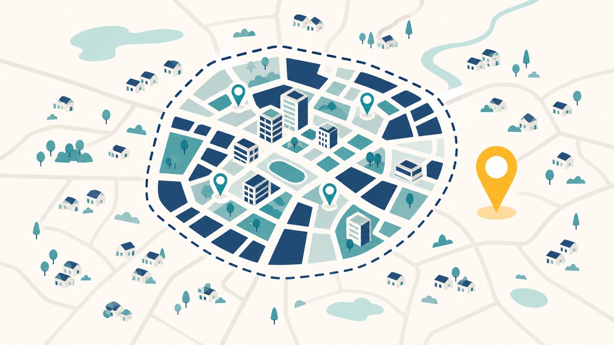 Stylised city map with a dashed boundary line and a location pin sitting outside the city border in the outer suburbs