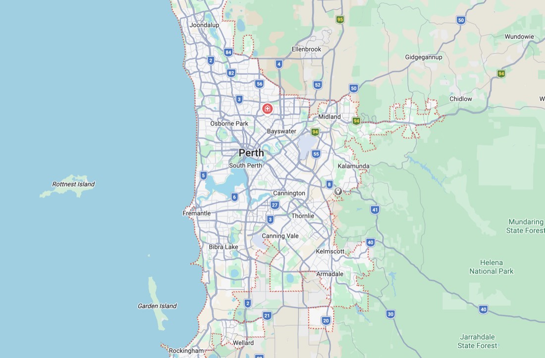 A Perth metro Google Maps view showing the red dotted city boundary with a business pin located just outside it