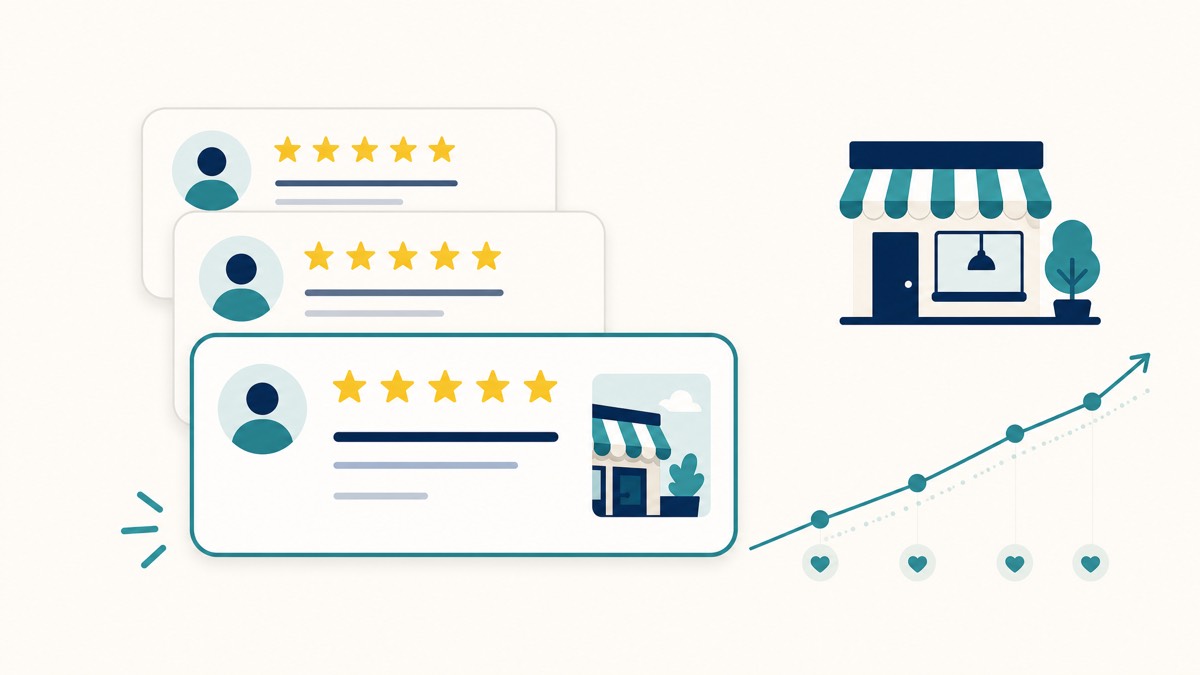 Flat vector illustration of customer review cards with five-star ratings and a steady upward trend in recent reviews