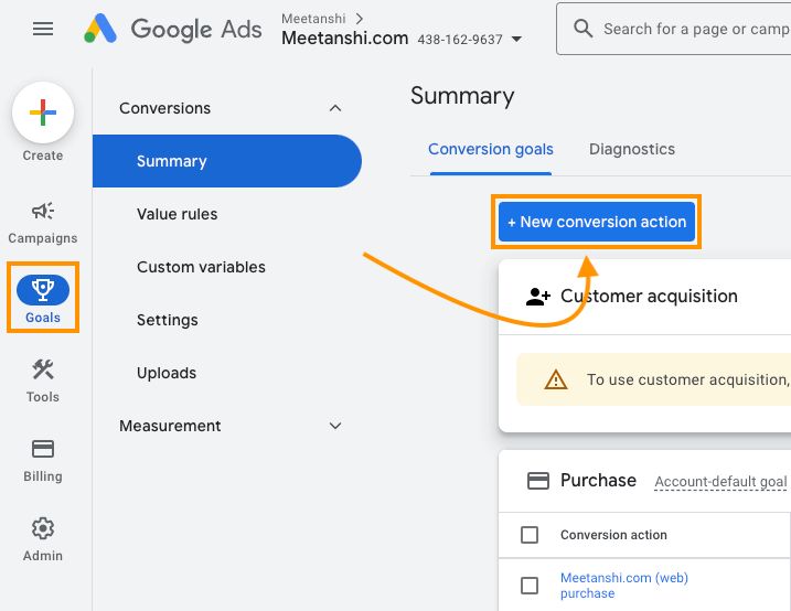Google Ads conversion tracking setup screen showing conversion actions configured for a local business