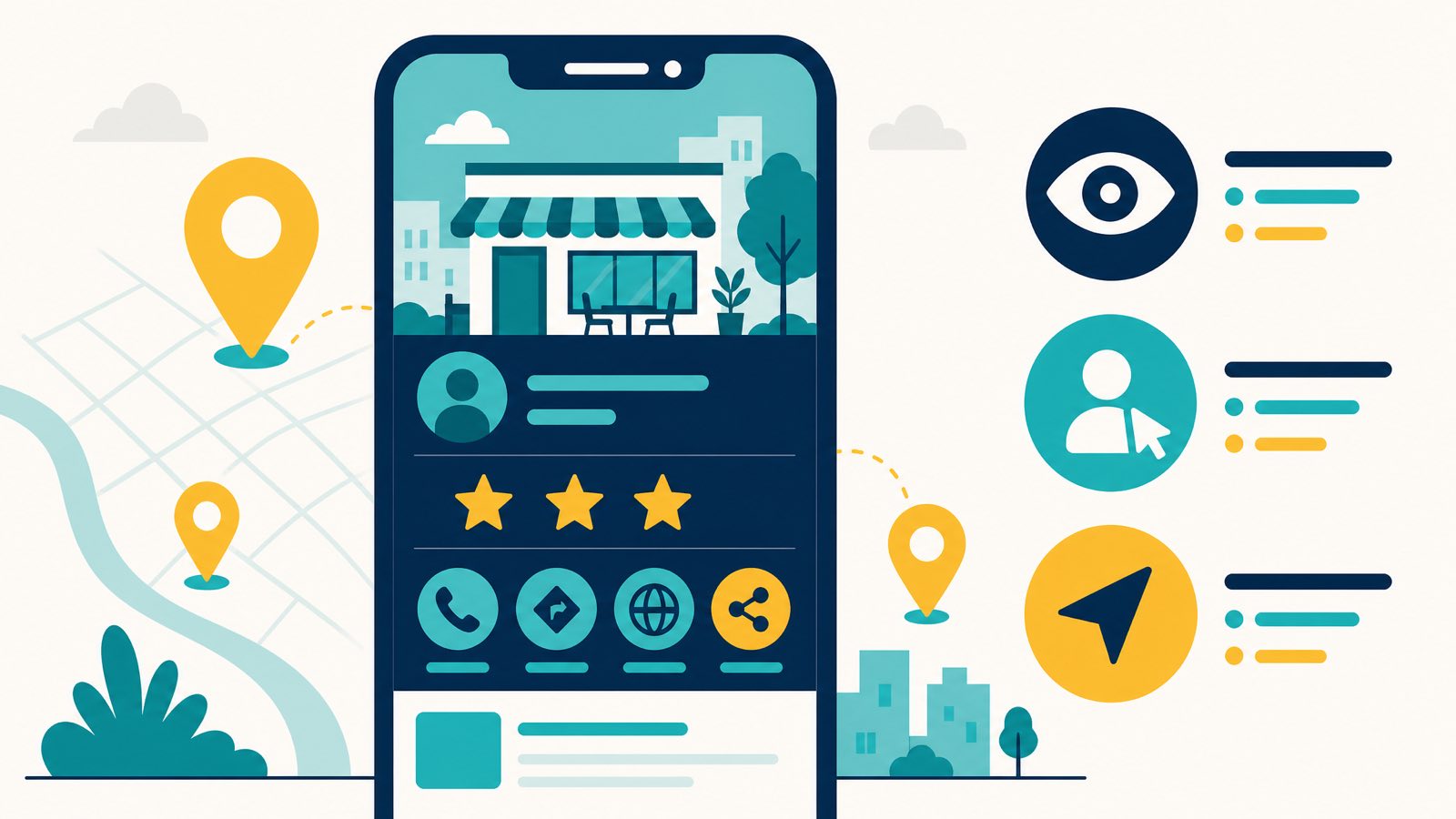 Editorial illustration of a Google Business Profile insights visual: a smartphone-shaped frame showing a GBP-style listing with a teal hero strip, yellow star ratings and action buttons, plus three metric circles showing search views, profile interactions and direction requests