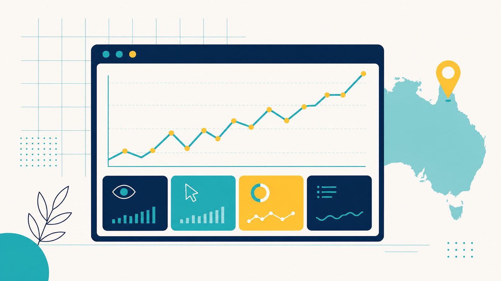 Editorial illustration of a Google Search Console performance tracking dashboard with a teal upward-trending line chart, four metric tiles in navy/teal/yellow, and a yellow map-pin hovering over an Australia silhouette in soft teal