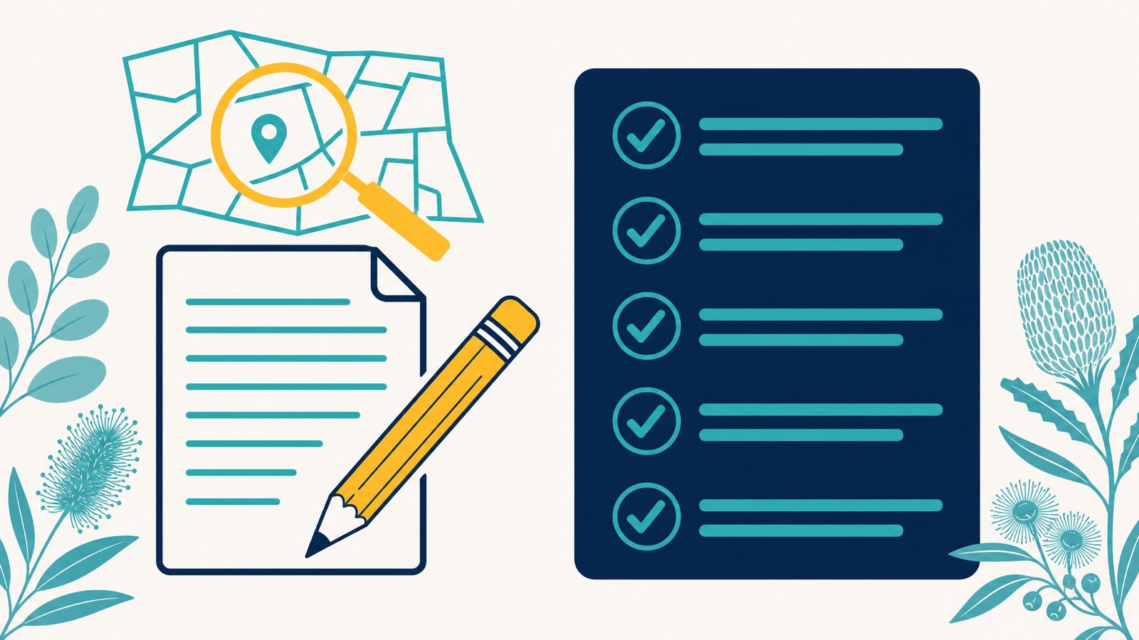 Editorial illustration of a local SEO writing checklist infographic: a vertical checklist panel in navy with teal tick marks on the right, a stylised pencil-and-paper composition on the left in navy and teal with a yellow pencil, and a magnifying glass icon hovering over a suburb-map fragment