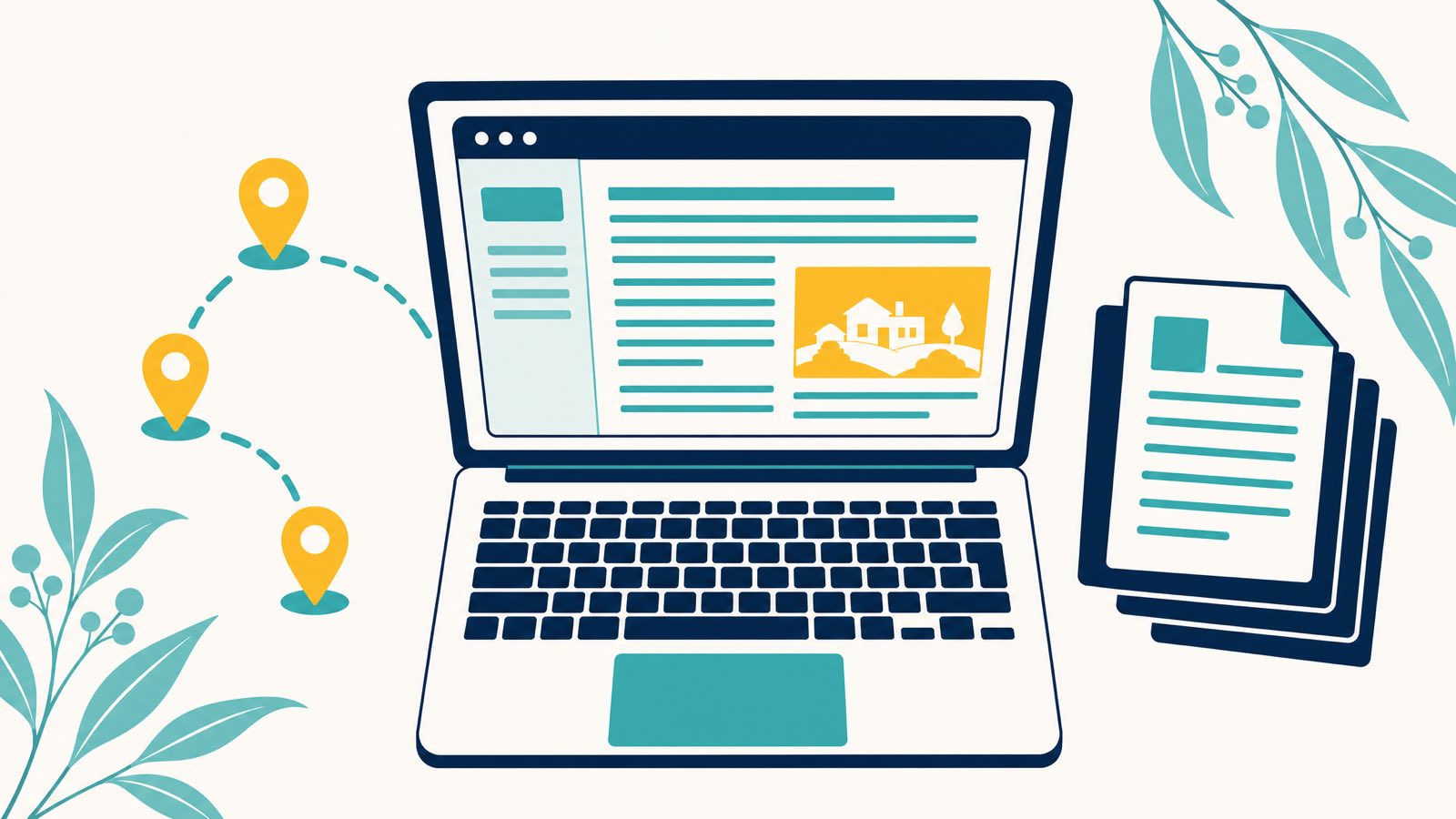Editorial illustration of hyperlocal blog content creation: a laptop shown from above with a simplified blog editor on screen, three yellow location-pin icons on the left connected by a teal arc suggesting suburb targeting, and a stylised content-document icon stack on the right with subtle Australian eucalyptus leaf accents