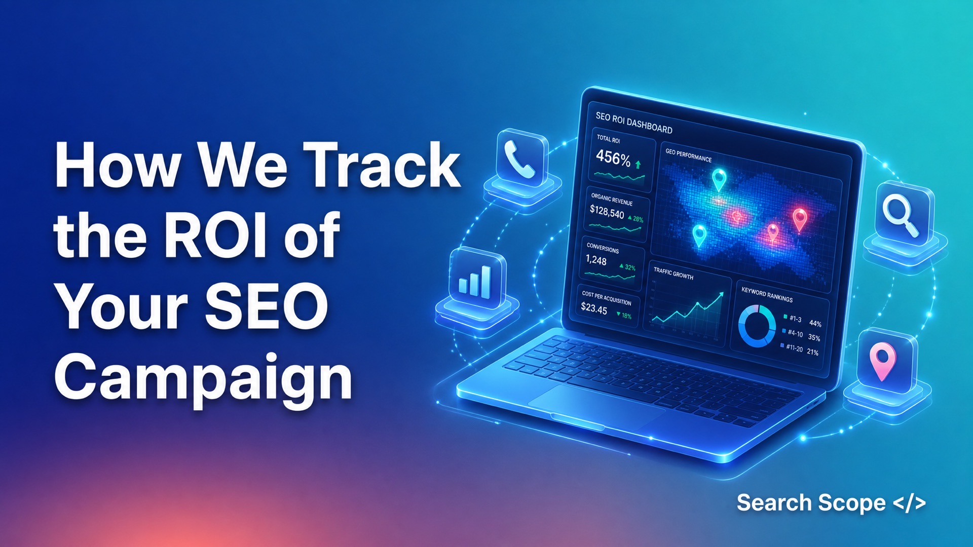 Search Scope SEO ROI tracking dashboard showing calls, rankings and conversions