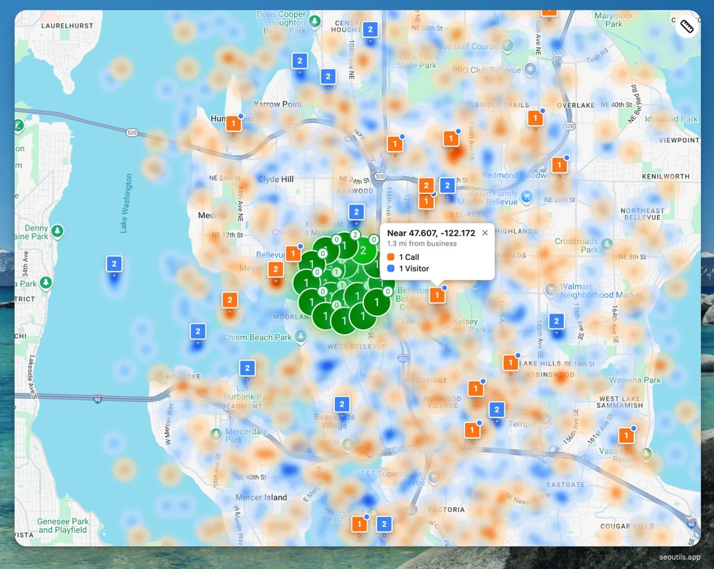The Money Map in seoutils.app: orange heatmap shows where calls are coming from, blue shows website visitors, green pins show your Google Maps rankings