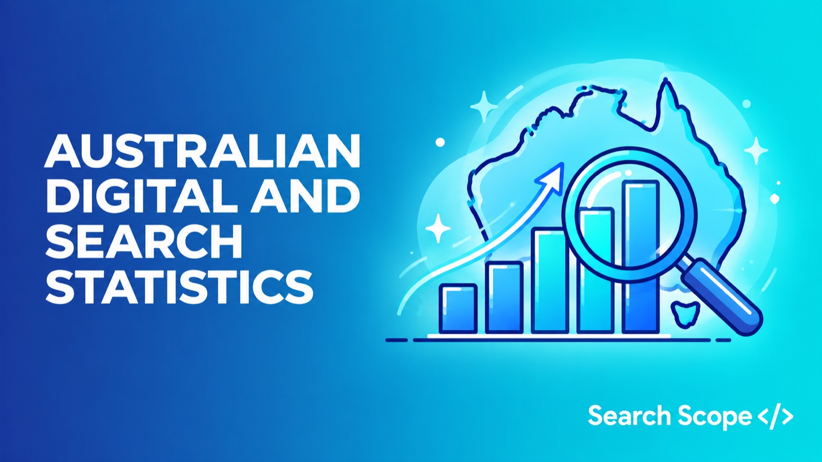 Bar chart with a magnifying glass over an outline of Australia, titled Australian Digital and Search Statistics