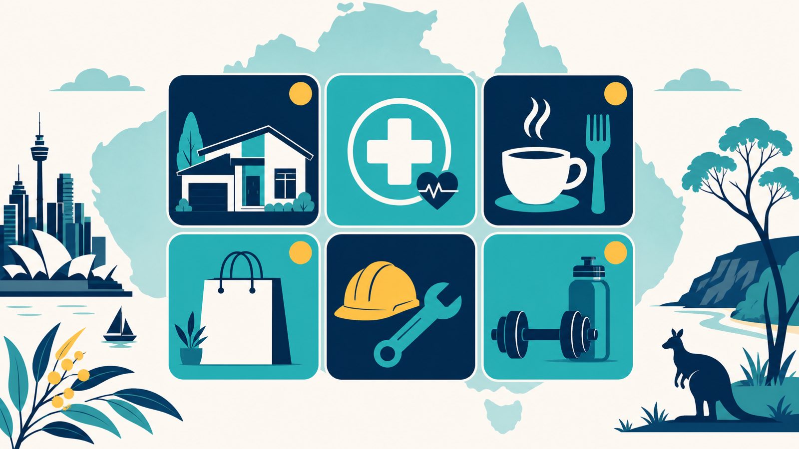 Editorial illustration showing a mosaic of Australian local business types: real estate, healthcare, hospitality, retail, trades and fitness, each as a stylised flat-vector tile in navy and teal with yellow accent dots, set over a soft Australia silhouette with Sydney Opera House and kangaroo accents