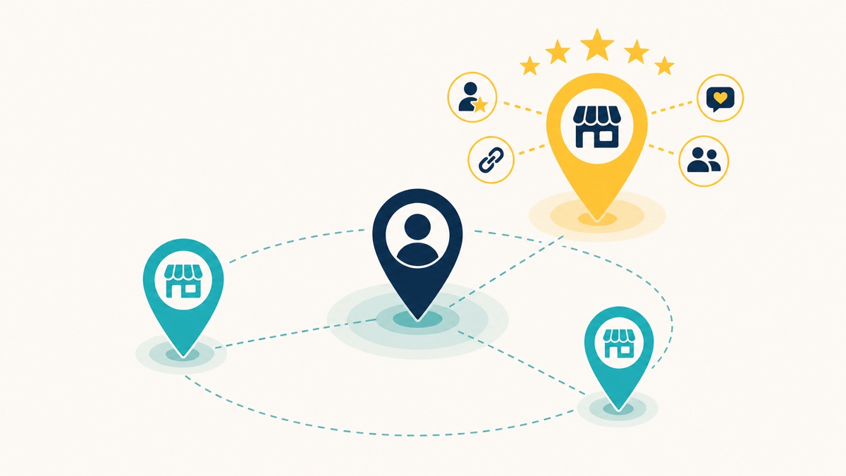 Three local businesses at equal distance from a searcher, with the most prominent one (more reviews, links and mentions) winning the ranking
