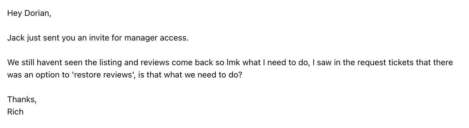 Client email asking why their reviews have not come back four days after their Google Business Profile was reinstated