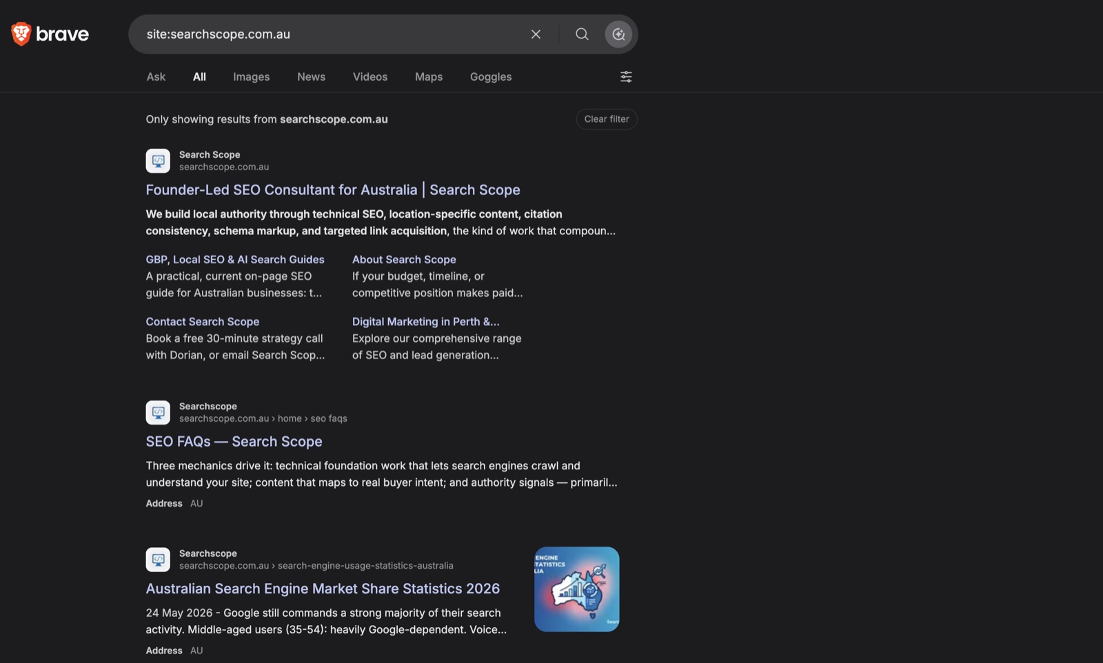 Brave Search results for site:searchscope.com.au, showing full sitelinks