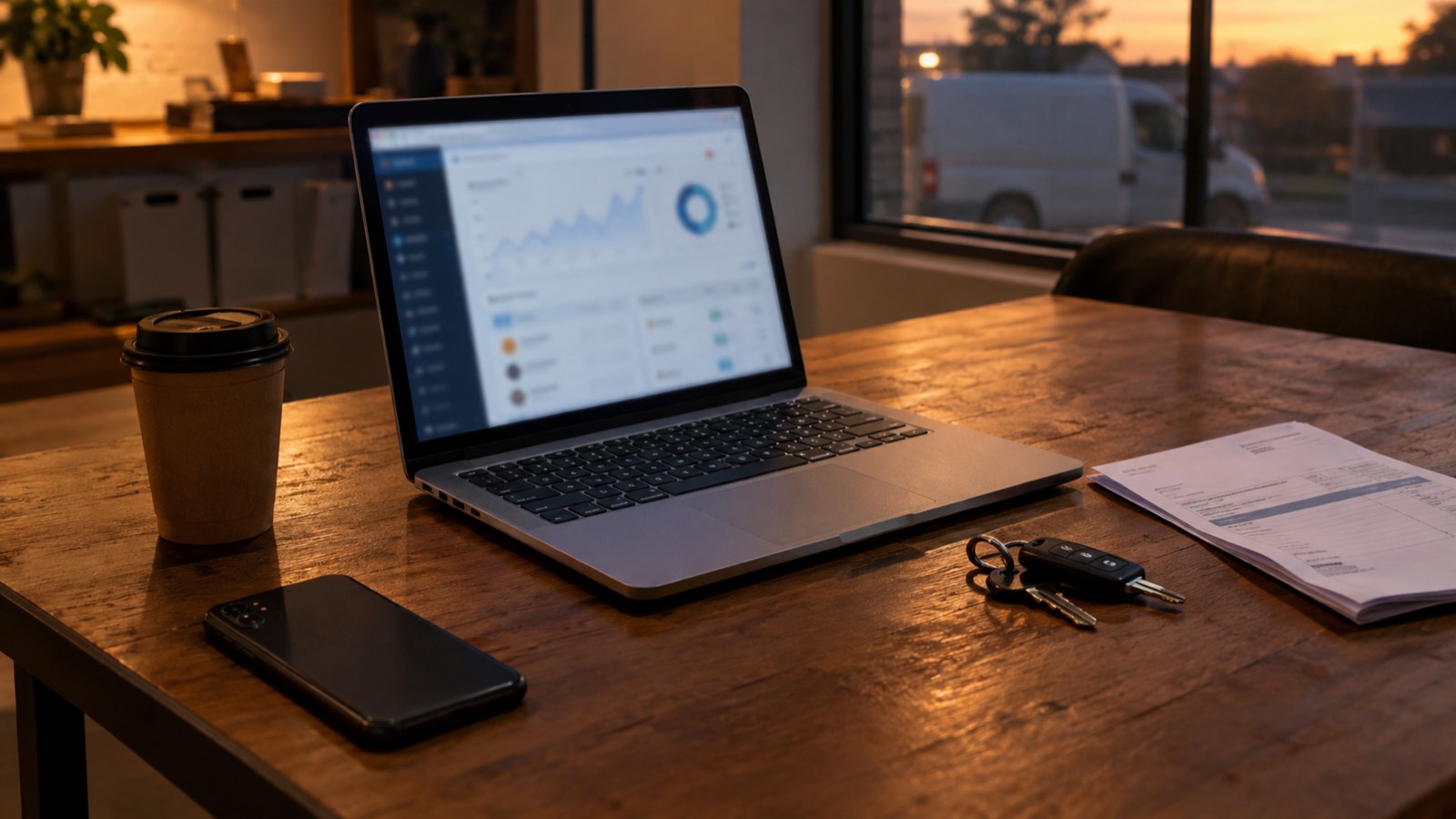 A Perth trade business owner's desk at dusk with a laptop, van keys and an invoice