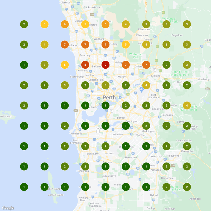 Geo-grid rank tracking heatmap showing a business's Google Maps rankings across suburbs — green pins indicate top 3 positions, orange and red show weaker areas