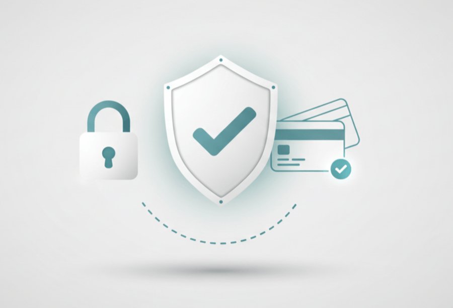 Secure checkout and trust signals: a valid SSL padlock, a verified shield and a payment card
