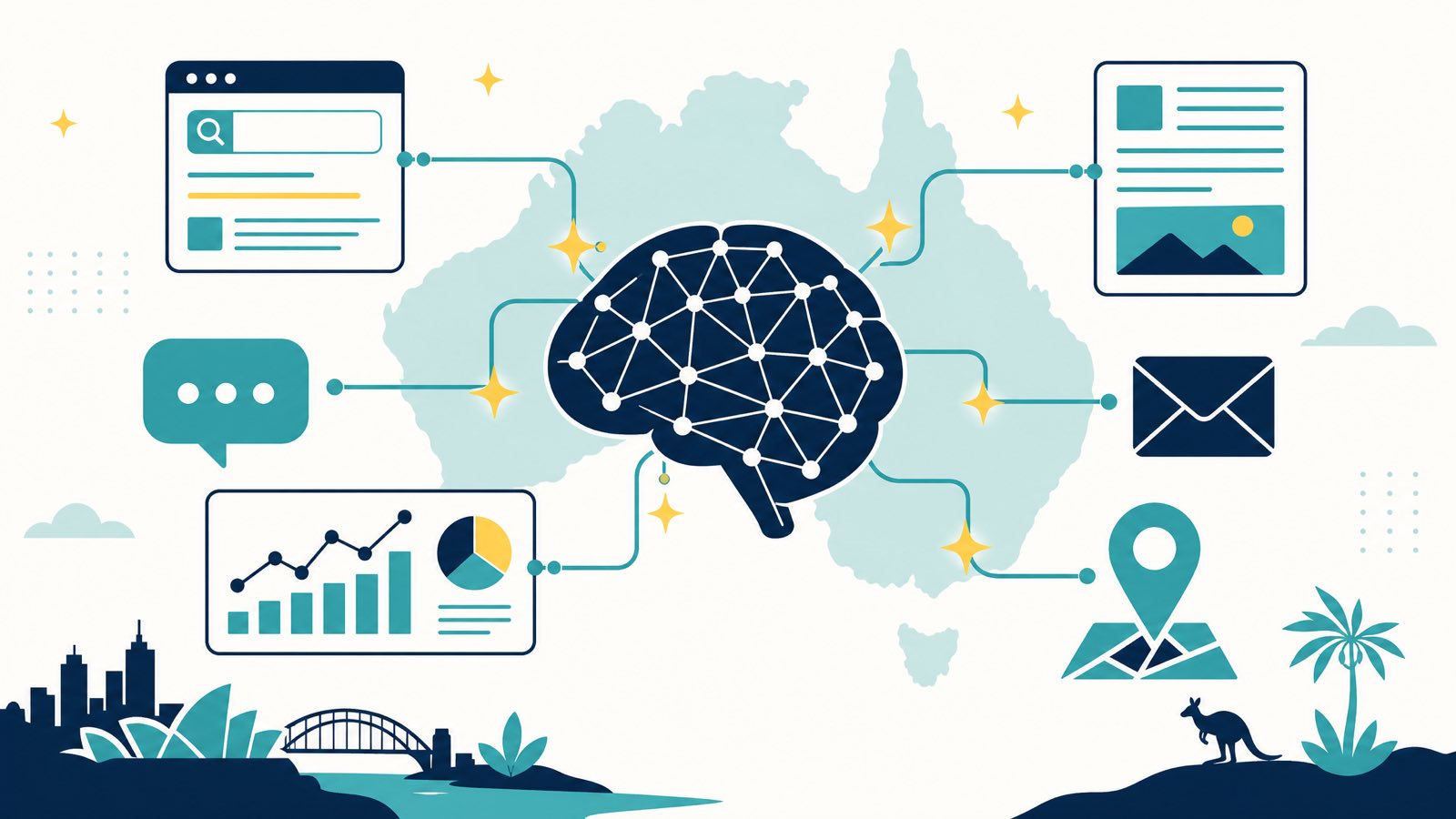 Editorial illustration of AI as the integrating layer across Australian digital marketing, an abstract navy neural-network brain on a teal Australia silhouette connected via teal lines to flat-vector icons of search results, chat, analytics, content, email, and location pins, with yellow Gemini-style sparkle accents